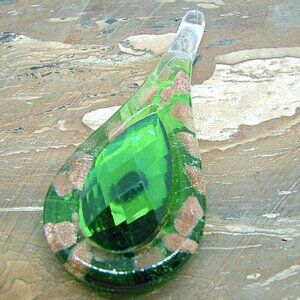 Emerald Green Teardrop Handmade Glass and Stone Fashion Pendant Gold Specks